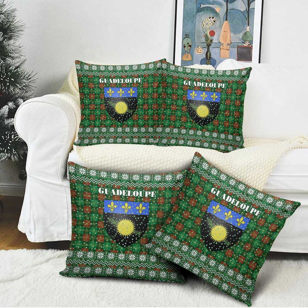 Guadeloupe Christmas Pillow Cover with Green-Red Plaid Design, Sun and Sugarcane Emblem, and Santa Sleigh Motif - Wonder Print Shop