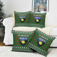 Guadeloupe Christmas Pillow Cover with Green-Red Plaid Design, Sun and Sugarcane Emblem, and Santa Sleigh Motif - Wonder Print Shop