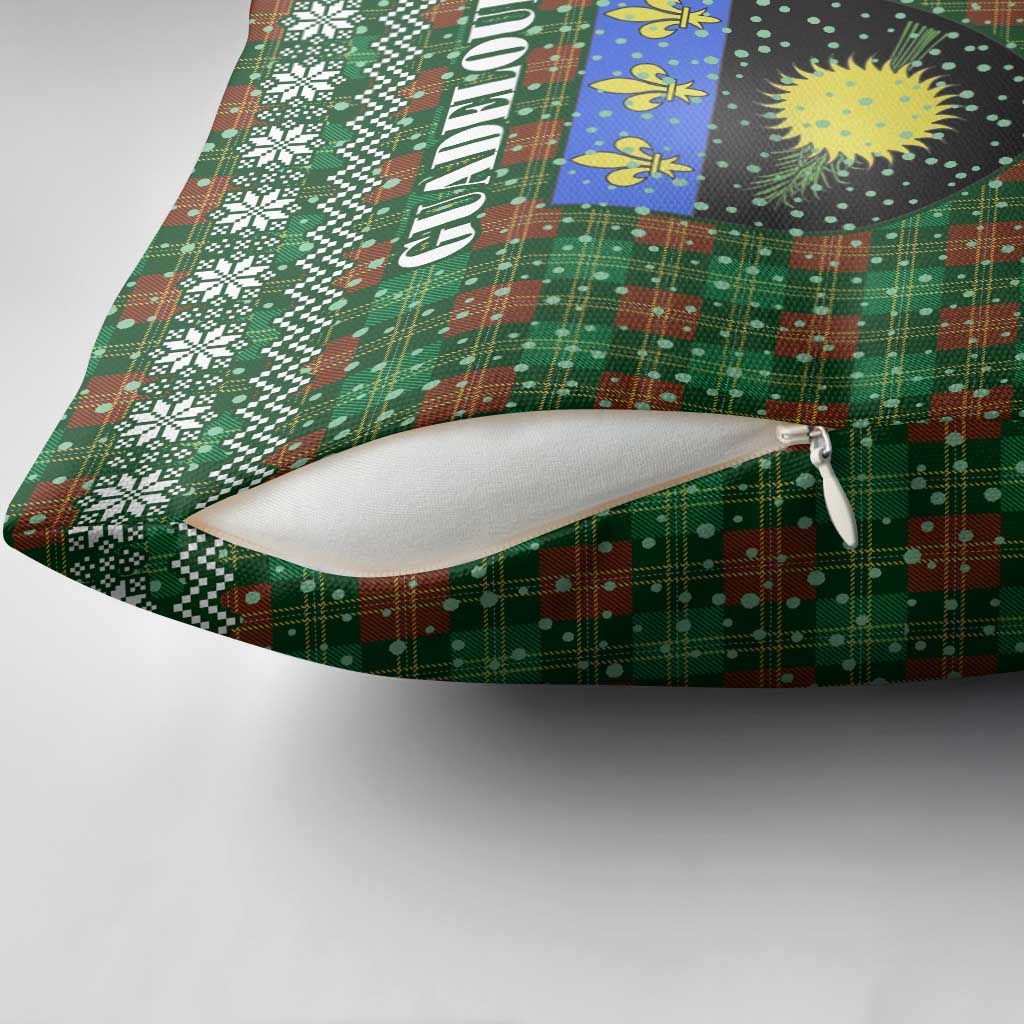 Guadeloupe Christmas Pillow Cover with Green-Red Plaid Design, Sun and Sugarcane Emblem, and Santa Sleigh Motif - Wonder Print Shop