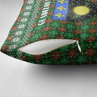 Guadeloupe Christmas Pillow Cover with Green-Red Plaid Design, Sun and Sugarcane Emblem, and Santa Sleigh Motif - Wonder Print Shop