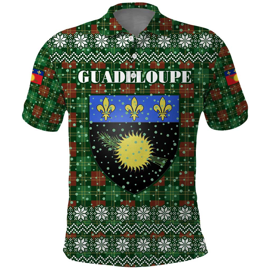 Guadeloupe Christmas Polo Shirt with Green-Red Plaid Design, Sun and Sugarcane Emblem, and Santa Sleigh Motif - Wonder Print Shop