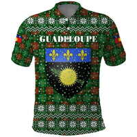 Guadeloupe Christmas Polo Shirt with Green-Red Plaid Design, Sun and Sugarcane Emblem, and Santa Sleigh Motif - Wonder Print Shop