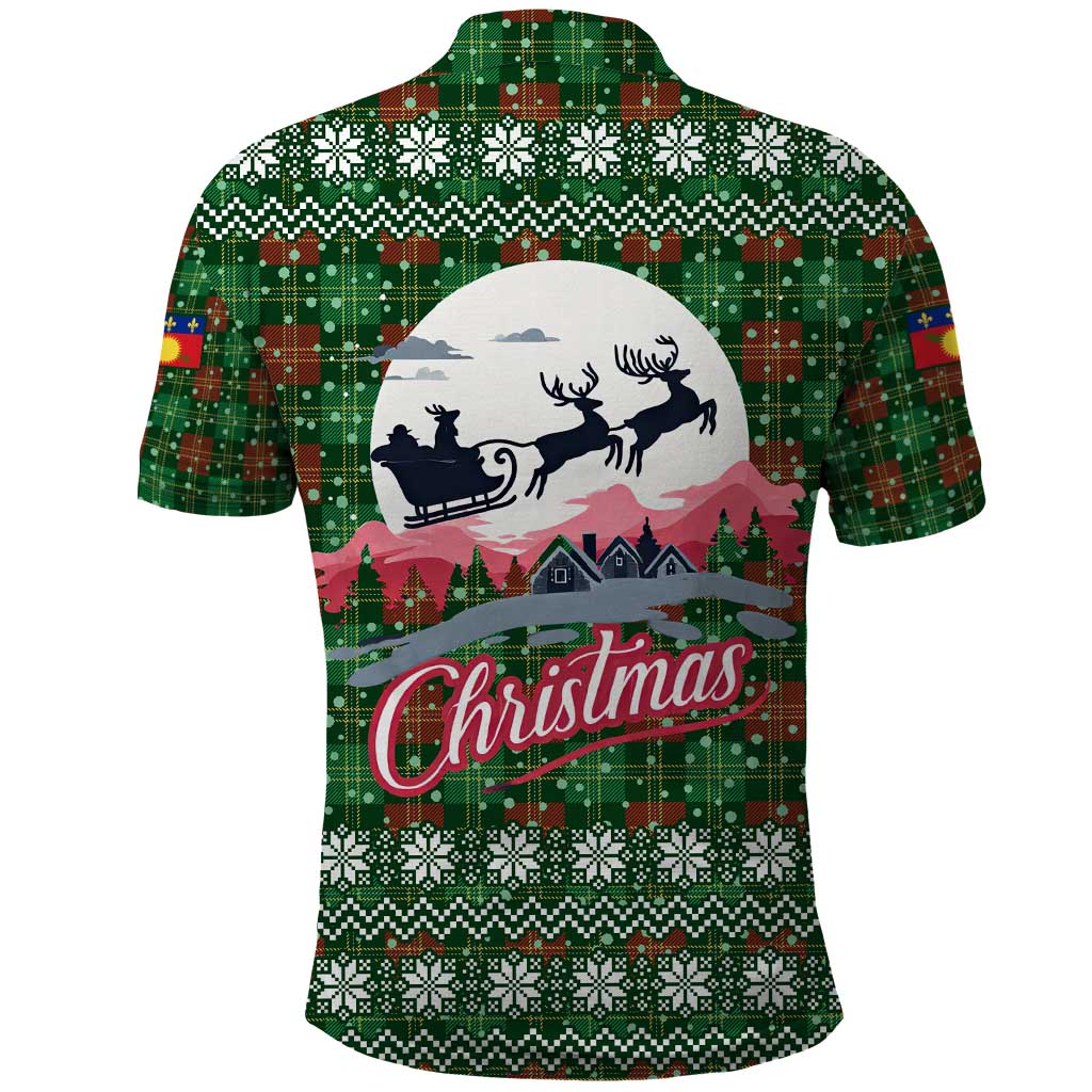 Guadeloupe Christmas Polo Shirt with Green-Red Plaid Design, Sun and Sugarcane Emblem, and Santa Sleigh Motif - Wonder Print Shop