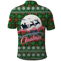 Guadeloupe Christmas Polo Shirt with Green-Red Plaid Design, Sun and Sugarcane Emblem, and Santa Sleigh Motif - Wonder Print Shop