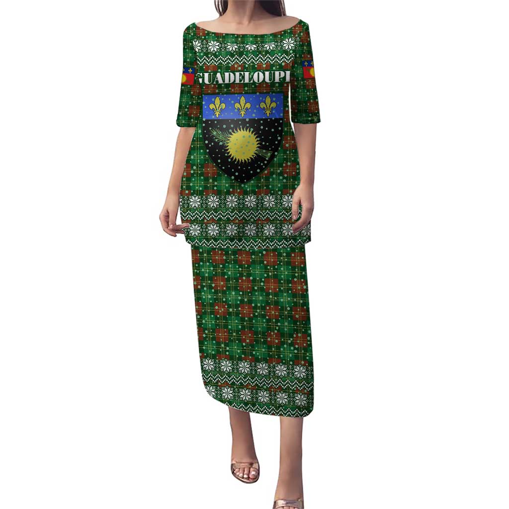 Guadeloupe Christmas Puletasi with Green-Red Plaid Design, Sun and Sugarcane Emblem, and Santa Sleigh Motif - Wonder Print Shop