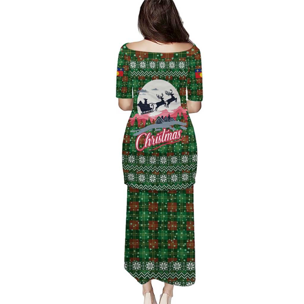 Guadeloupe Christmas Puletasi with Green-Red Plaid Design, Sun and Sugarcane Emblem, and Santa Sleigh Motif - Wonder Print Shop