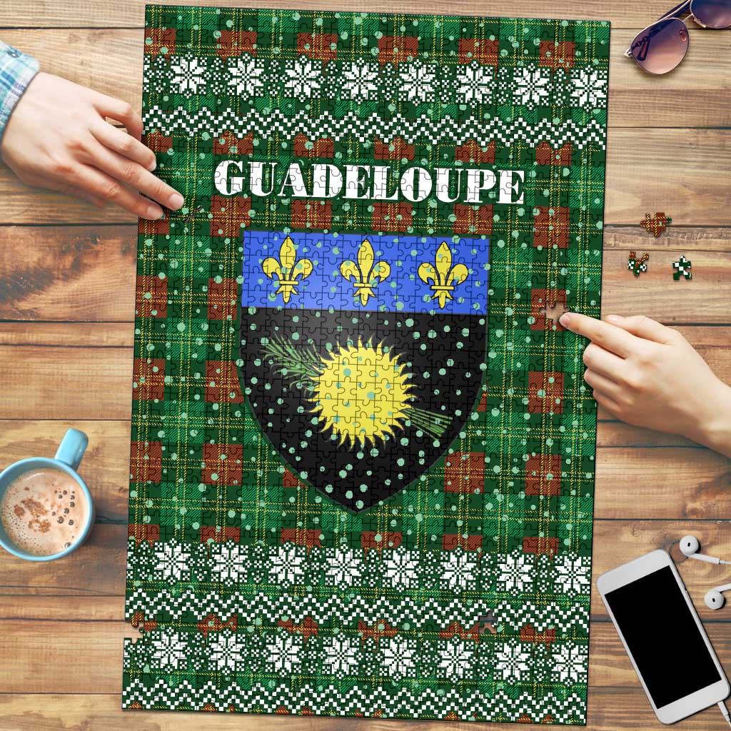 Guadeloupe Christmas Puzzle with Green-Red Plaid Design, Sun and Sugarcane Emblem, and Santa Sleigh Motif - Wonder Print Shop