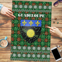 Guadeloupe Christmas Puzzle with Green-Red Plaid Design, Sun and Sugarcane Emblem, and Santa Sleigh Motif - Wonder Print Shop