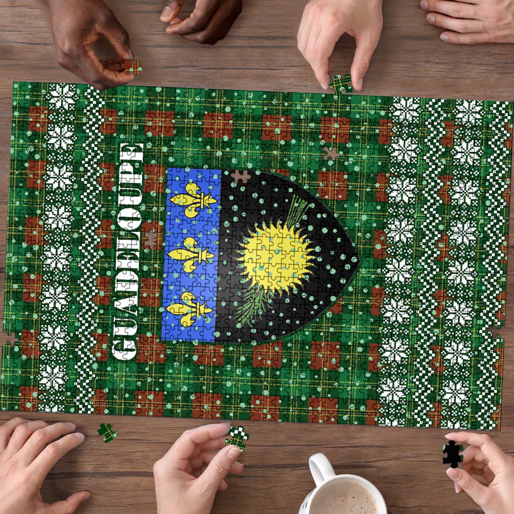 Guadeloupe Christmas Puzzle with Green-Red Plaid Design, Sun and Sugarcane Emblem, and Santa Sleigh Motif - Wonder Print Shop