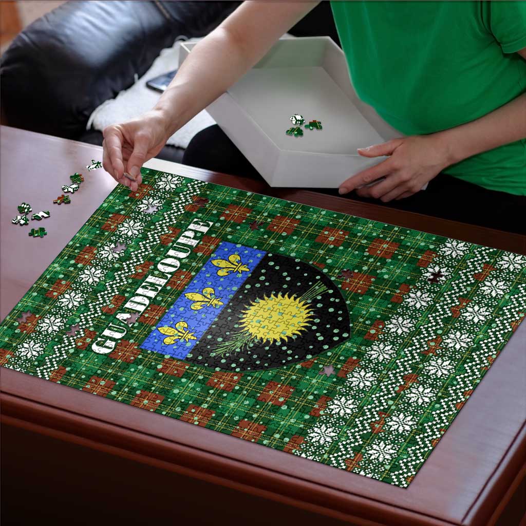 Guadeloupe Christmas Puzzle with Green-Red Plaid Design, Sun and Sugarcane Emblem, and Santa Sleigh Motif - Wonder Print Shop