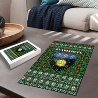 Guadeloupe Christmas Puzzle with Green-Red Plaid Design, Sun and Sugarcane Emblem, and Santa Sleigh Motif - Wonder Print Shop