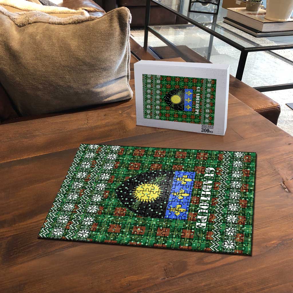Guadeloupe Christmas Puzzle with Green-Red Plaid Design, Sun and Sugarcane Emblem, and Santa Sleigh Motif - Wonder Print Shop