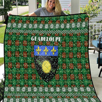 Guadeloupe Christmas Quilt with Green-Red Plaid Design, Sun and Sugarcane Emblem, and Santa Sleigh Motif - Wonder Print Shop