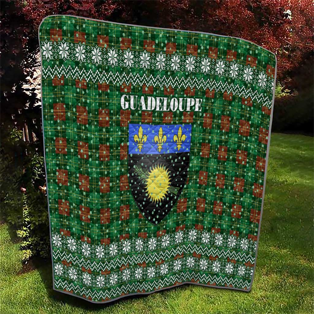 Guadeloupe Christmas Quilt with Green-Red Plaid Design, Sun and Sugarcane Emblem, and Santa Sleigh Motif - Wonder Print Shop