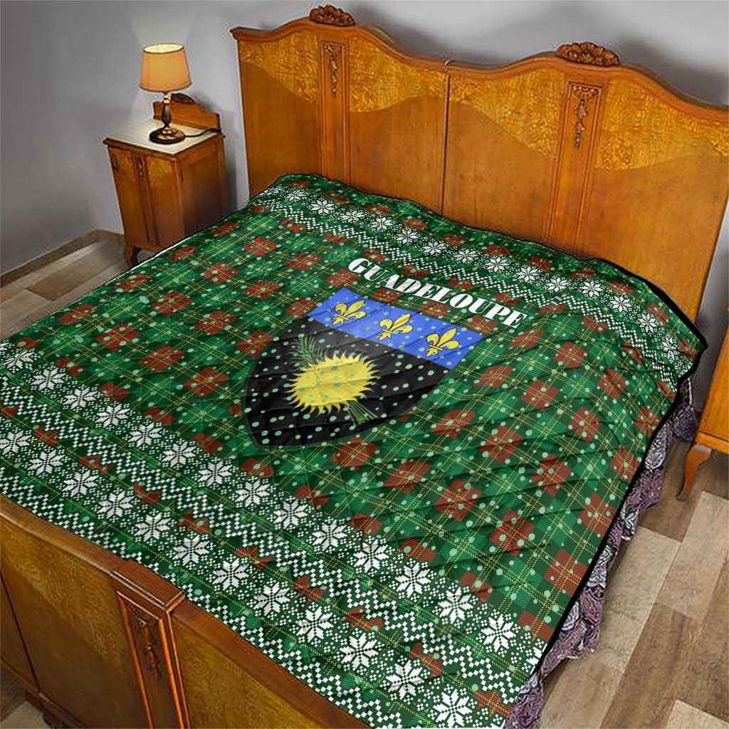 Guadeloupe Christmas Quilt with Green-Red Plaid Design, Sun and Sugarcane Emblem, and Santa Sleigh Motif - Wonder Print Shop