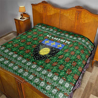 Guadeloupe Christmas Quilt with Green-Red Plaid Design, Sun and Sugarcane Emblem, and Santa Sleigh Motif - Wonder Print Shop