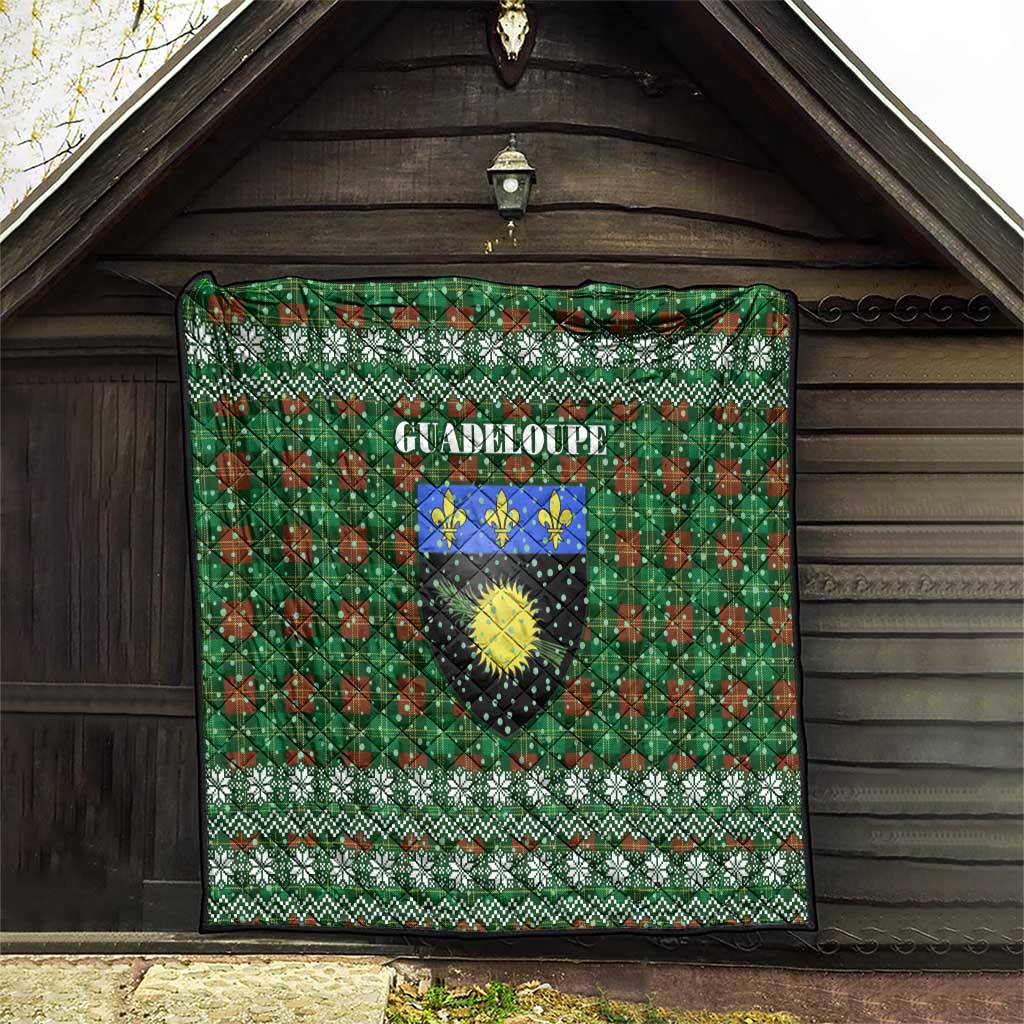 Guadeloupe Christmas Quilt with Green-Red Plaid Design, Sun and Sugarcane Emblem, and Santa Sleigh Motif - Wonder Print Shop