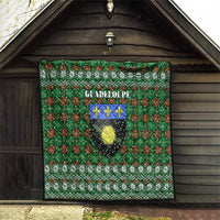 Guadeloupe Christmas Quilt with Green-Red Plaid Design, Sun and Sugarcane Emblem, and Santa Sleigh Motif - Wonder Print Shop