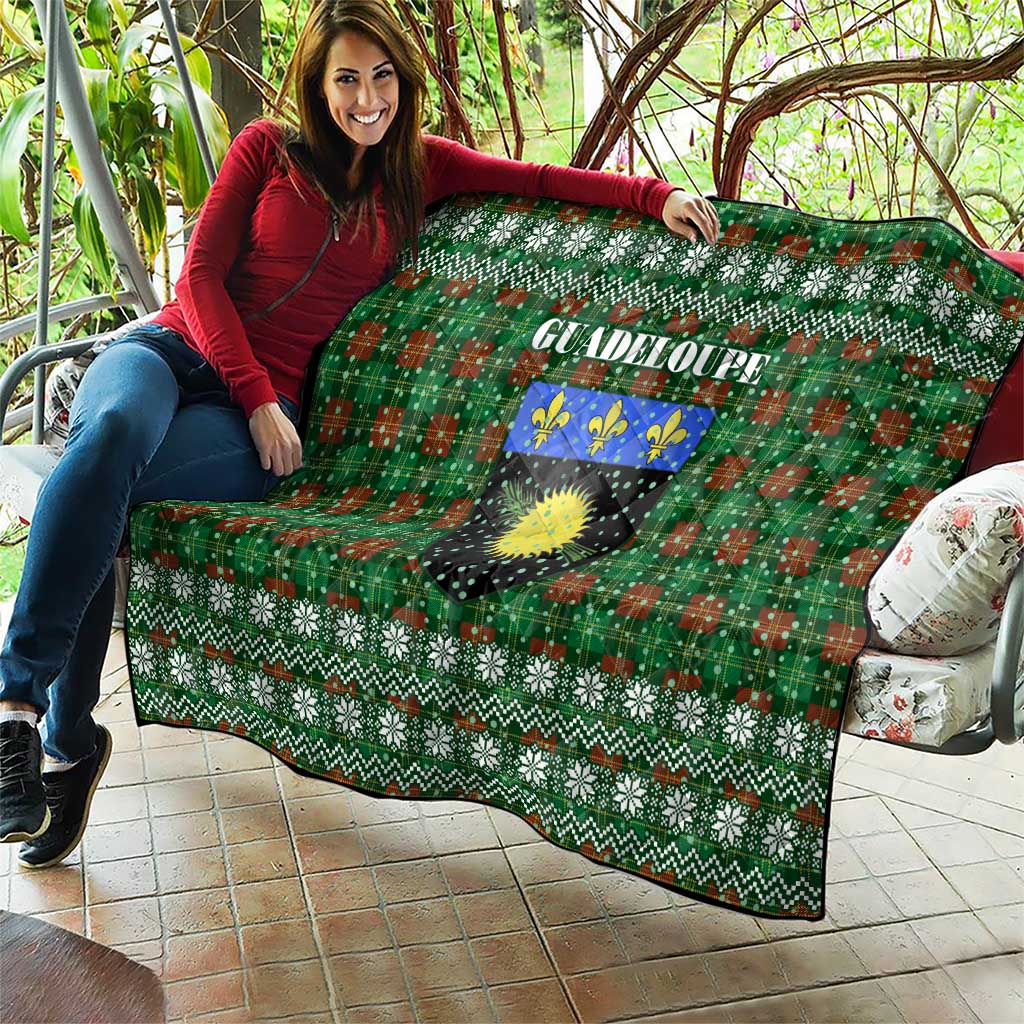 Guadeloupe Christmas Quilt with Green-Red Plaid Design, Sun and Sugarcane Emblem, and Santa Sleigh Motif - Wonder Print Shop