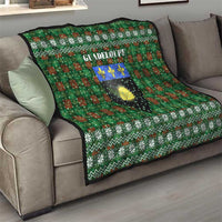 Guadeloupe Christmas Quilt with Green-Red Plaid Design, Sun and Sugarcane Emblem, and Santa Sleigh Motif - Wonder Print Shop