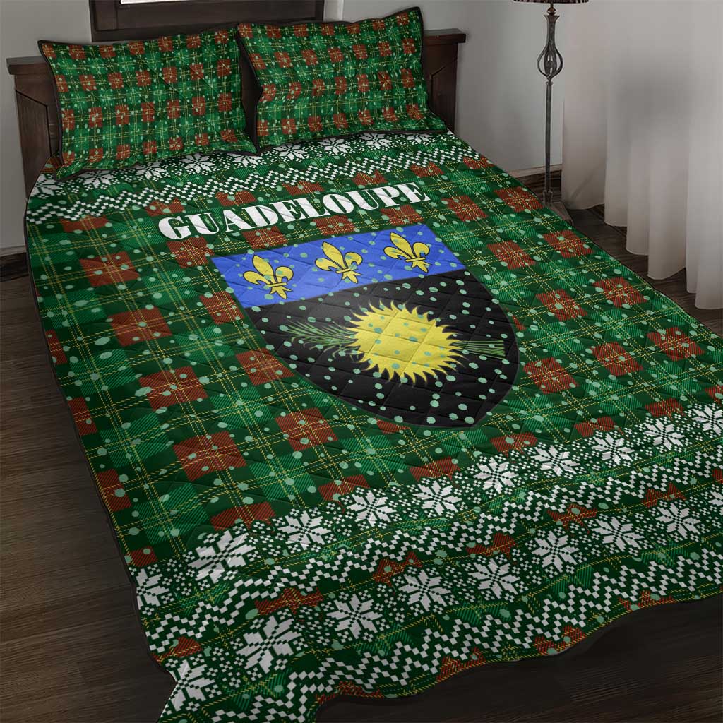 Guadeloupe Christmas Quilt Bed Set with Green-Red Plaid Design, Sun and Sugarcane Emblem, and Santa Sleigh Motif - Wonder Print Shop