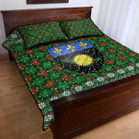 Guadeloupe Christmas Quilt Bed Set with Green-Red Plaid Design, Sun and Sugarcane Emblem, and Santa Sleigh Motif - Wonder Print Shop