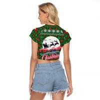 Guadeloupe Christmas Raglan Cropped T Shirt with Green-Red Plaid Design, Sun and Sugarcane Emblem, and Santa Sleigh Motif - Wonder Print Shop