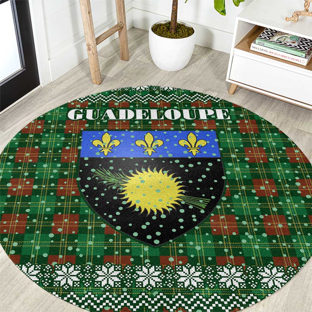 Guadeloupe Christmas Round Carpet with Green-Red Plaid Design, Sun and Sugarcane Emblem, and Santa Sleigh Motif - Wonder Print Shop