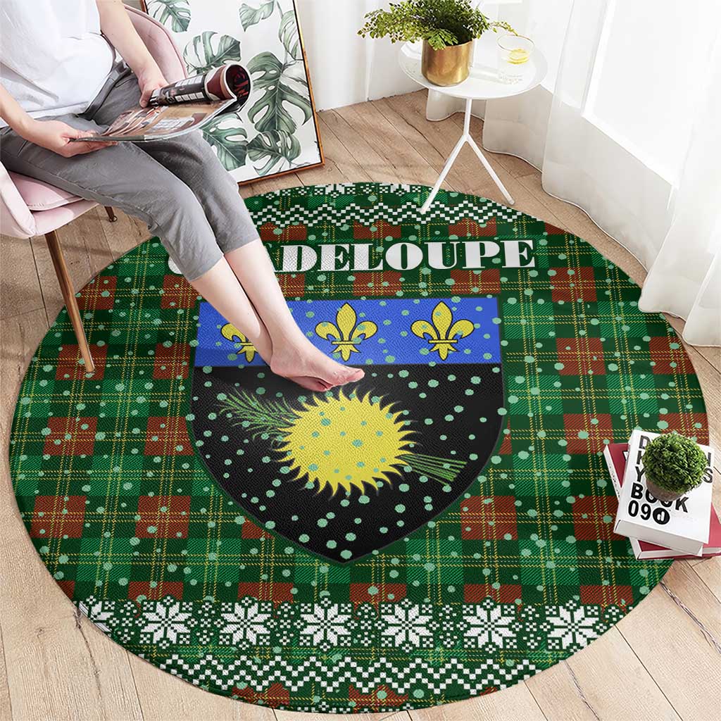 Guadeloupe Christmas Round Carpet with Green-Red Plaid Design, Sun and Sugarcane Emblem, and Santa Sleigh Motif - Wonder Print Shop