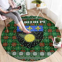 Guadeloupe Christmas Round Carpet with Green-Red Plaid Design, Sun and Sugarcane Emblem, and Santa Sleigh Motif - Wonder Print Shop