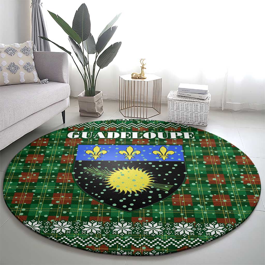 Guadeloupe Christmas Round Carpet with Green-Red Plaid Design, Sun and Sugarcane Emblem, and Santa Sleigh Motif - Wonder Print Shop