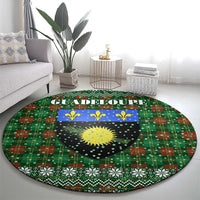 Guadeloupe Christmas Round Carpet with Green-Red Plaid Design, Sun and Sugarcane Emblem, and Santa Sleigh Motif - Wonder Print Shop