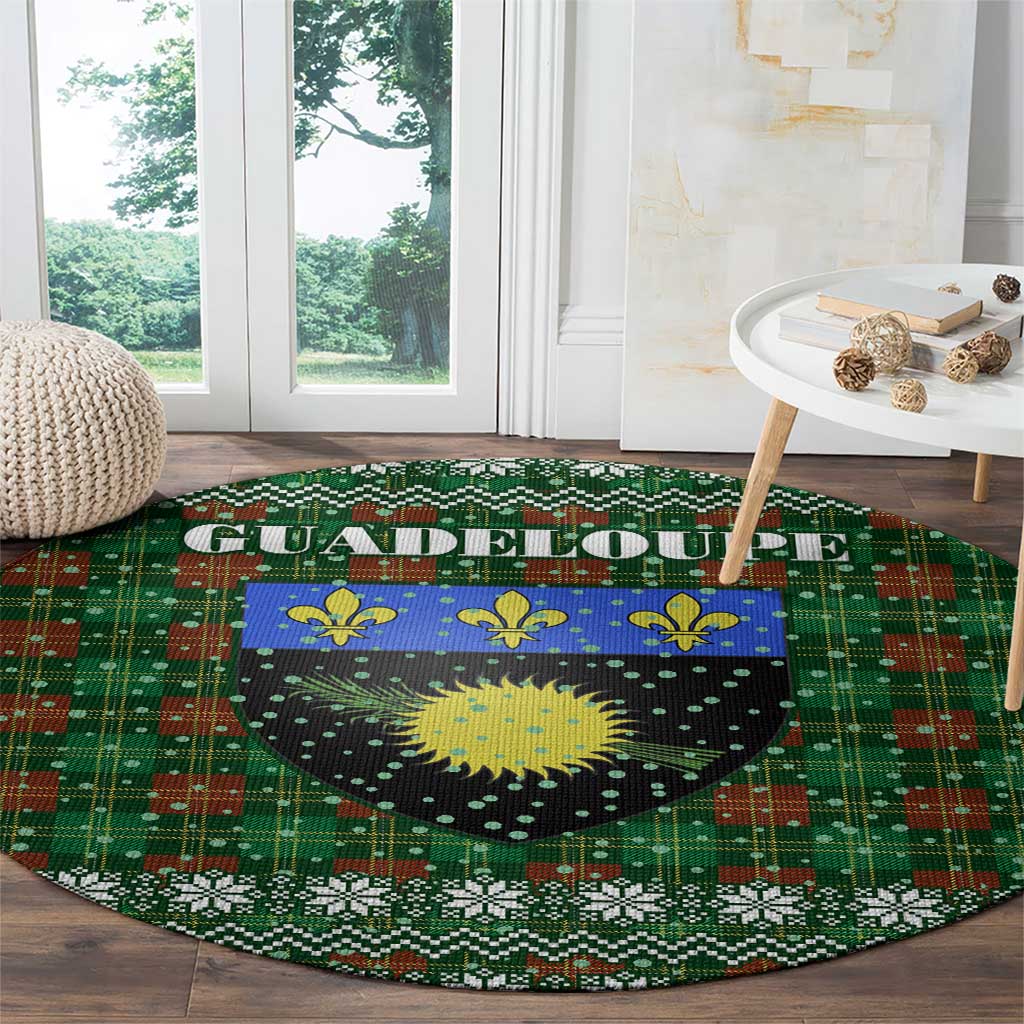 Guadeloupe Christmas Round Carpet with Green-Red Plaid Design, Sun and Sugarcane Emblem, and Santa Sleigh Motif - Wonder Print Shop