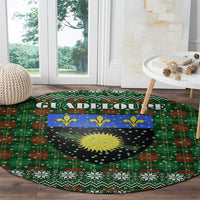 Guadeloupe Christmas Round Carpet with Green-Red Plaid Design, Sun and Sugarcane Emblem, and Santa Sleigh Motif - Wonder Print Shop