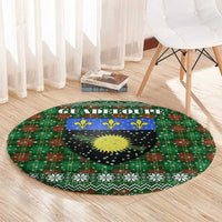 Guadeloupe Christmas Round Carpet with Green-Red Plaid Design, Sun and Sugarcane Emblem, and Santa Sleigh Motif - Wonder Print Shop
