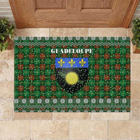 Guadeloupe Christmas Rubber Doormat with Green-Red Plaid Design, Sun and Sugarcane Emblem, and Santa Sleigh Motif - Wonder Print Shop