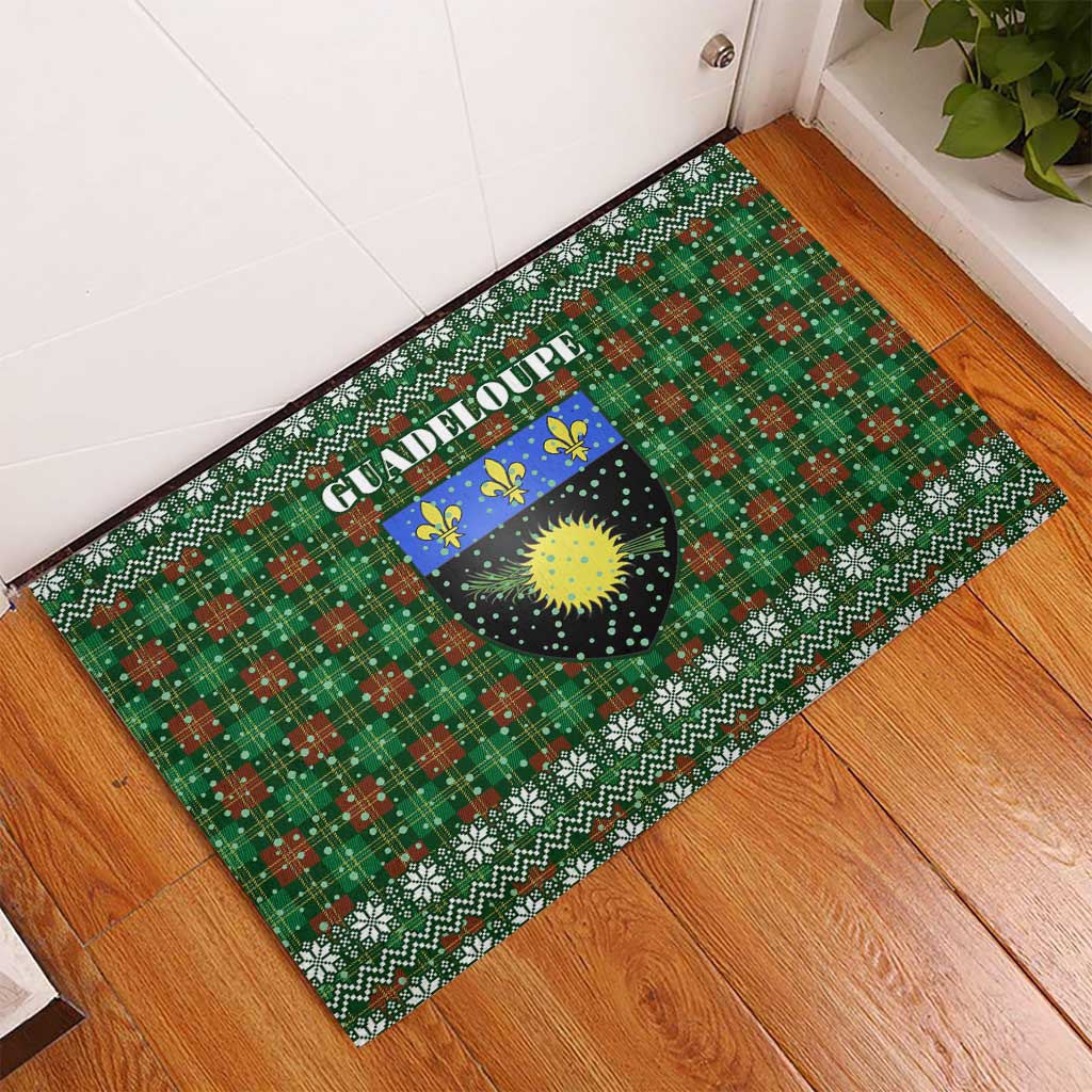 Guadeloupe Christmas Rubber Doormat with Green-Red Plaid Design, Sun and Sugarcane Emblem, and Santa Sleigh Motif - Wonder Print Shop