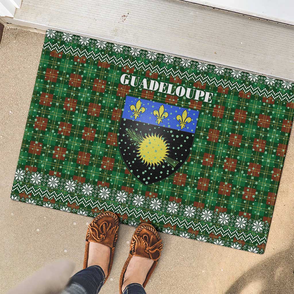 Guadeloupe Christmas Rubber Doormat with Green-Red Plaid Design, Sun and Sugarcane Emblem, and Santa Sleigh Motif - Wonder Print Shop