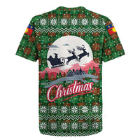 Guadeloupe Christmas Rugby Jersey with Green-Red Plaid Design, Sun and Sugarcane Emblem, and Santa Sleigh Motif - Wonder Print Shop