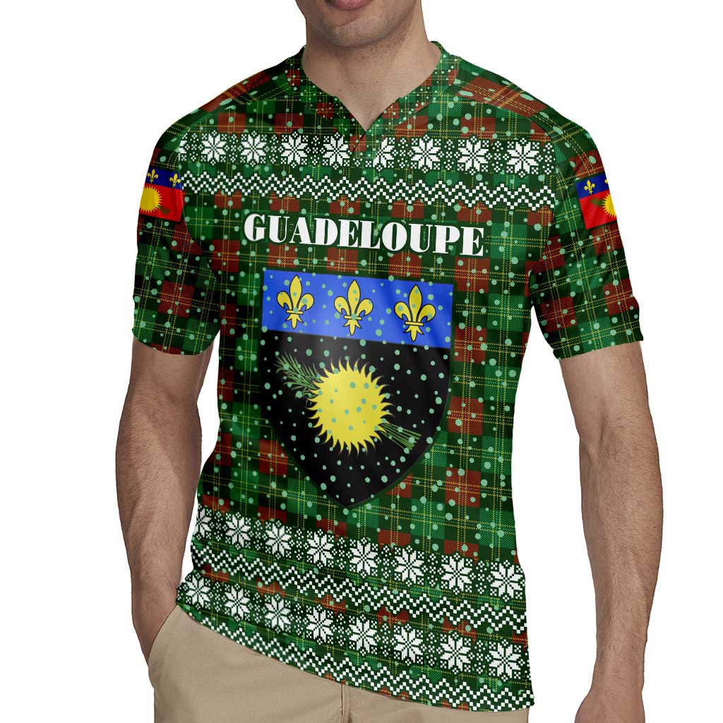 Guadeloupe Christmas Rugby Jersey with Green-Red Plaid Design, Sun and Sugarcane Emblem, and Santa Sleigh Motif - Wonder Print Shop
