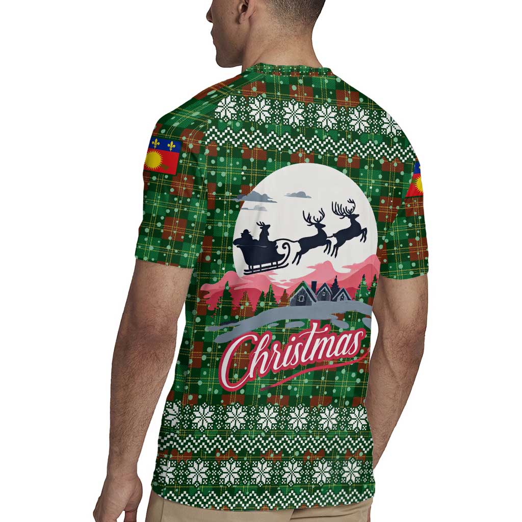 Guadeloupe Christmas Rugby Jersey with Green-Red Plaid Design, Sun and Sugarcane Emblem, and Santa Sleigh Motif - Wonder Print Shop