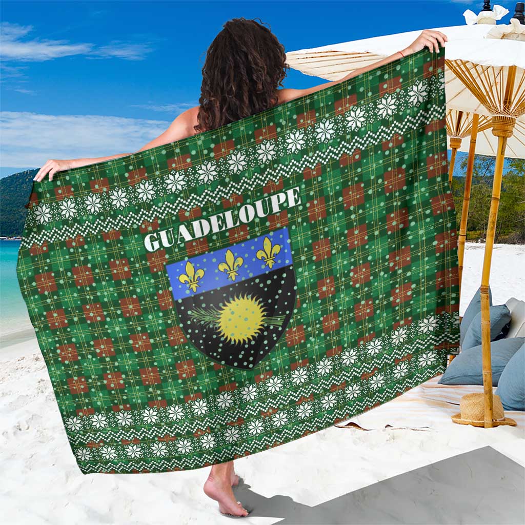 Guadeloupe Christmas Sarong with Green-Red Plaid Design, Sun and Sugarcane Emblem, and Santa Sleigh Motif - Wonder Print Shop