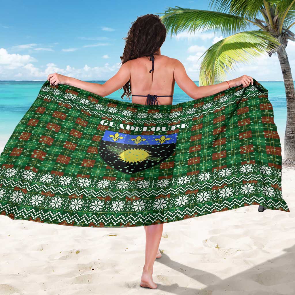 Guadeloupe Christmas Sarong with Green-Red Plaid Design, Sun and Sugarcane Emblem, and Santa Sleigh Motif - Wonder Print Shop
