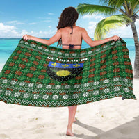 Guadeloupe Christmas Sarong with Green-Red Plaid Design, Sun and Sugarcane Emblem, and Santa Sleigh Motif - Wonder Print Shop