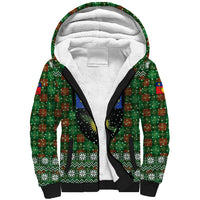 Guadeloupe Christmas Sherpa Hoodie with Green-Red Plaid Design, Sun and Sugarcane Emblem, and Santa Sleigh Motif - Wonder Print Shop
