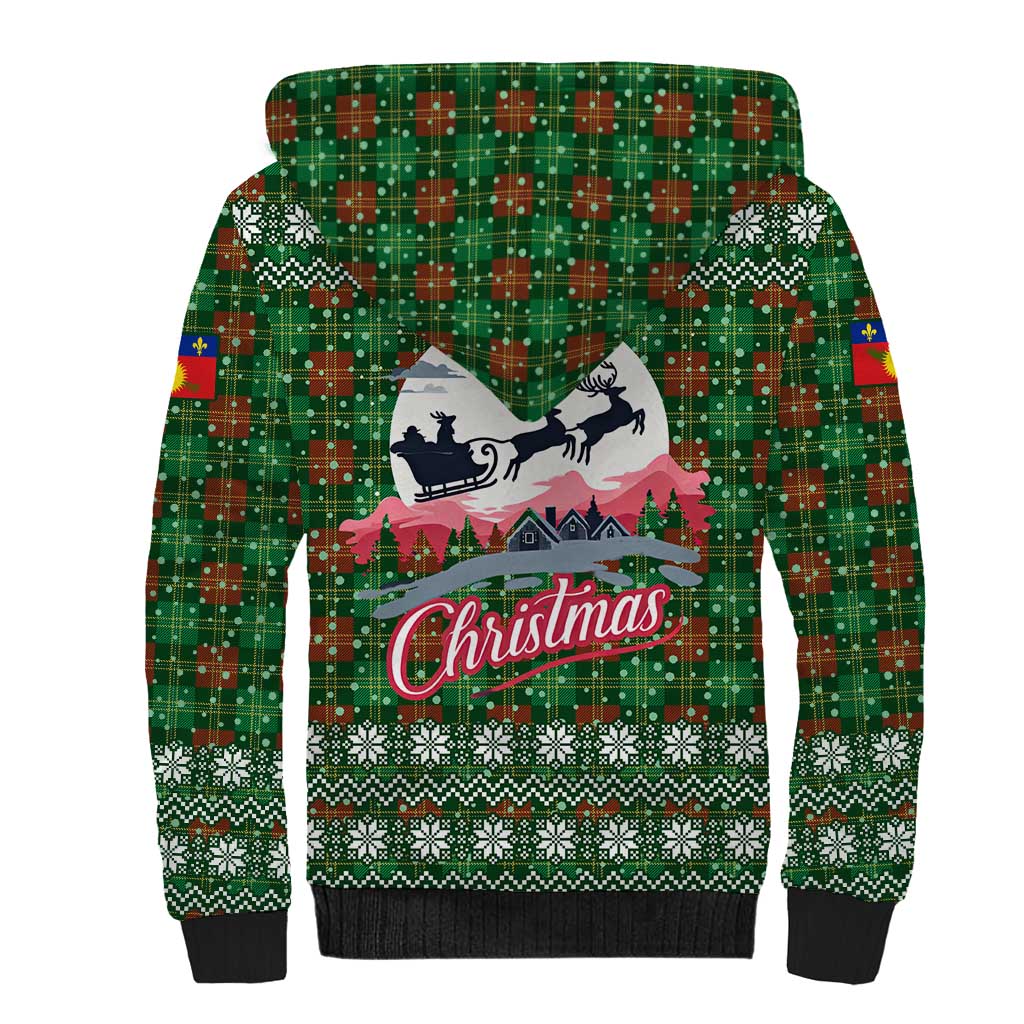 Guadeloupe Christmas Sherpa Hoodie with Green-Red Plaid Design, Sun and Sugarcane Emblem, and Santa Sleigh Motif - Wonder Print Shop