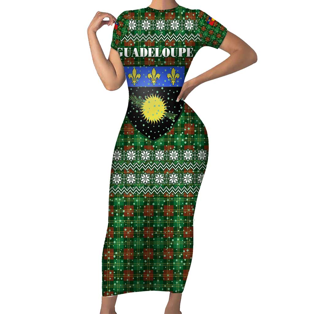 Guadeloupe Christmas Short Sleeve Bodycon Dress with Green-Red Plaid Design, Sun and Sugarcane Emblem, and Santa Sleigh Motif - Wonder Print Shop