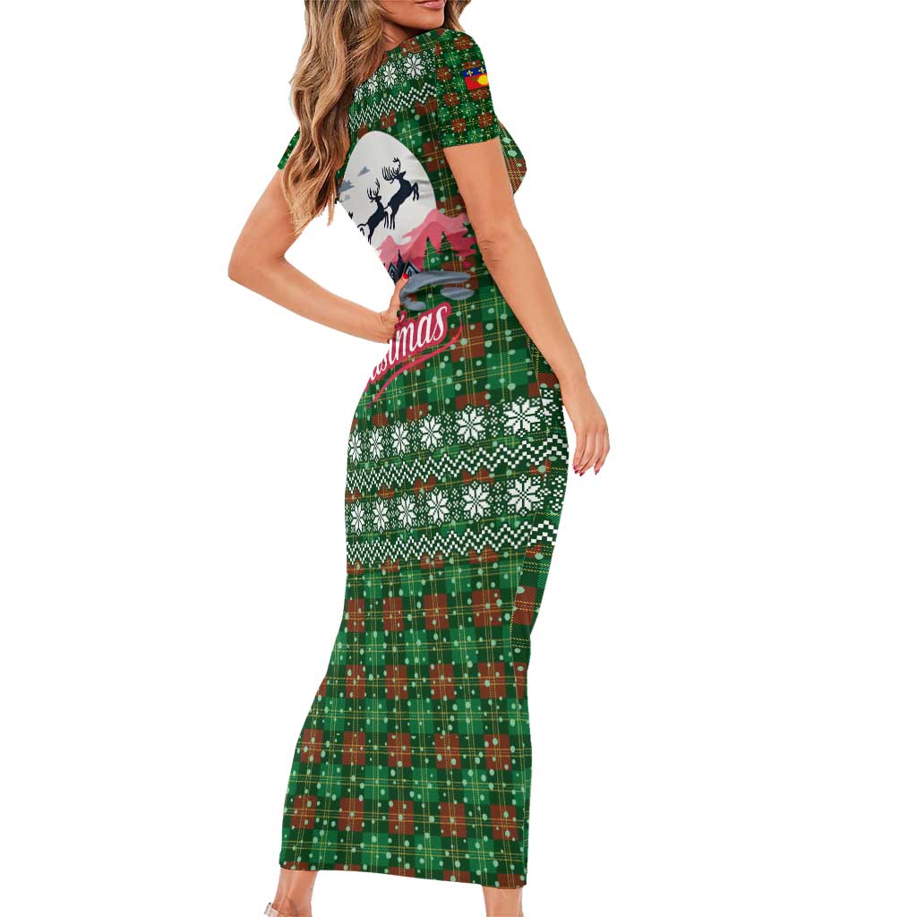 Guadeloupe Christmas Short Sleeve Bodycon Dress with Green-Red Plaid Design, Sun and Sugarcane Emblem, and Santa Sleigh Motif - Wonder Print Shop