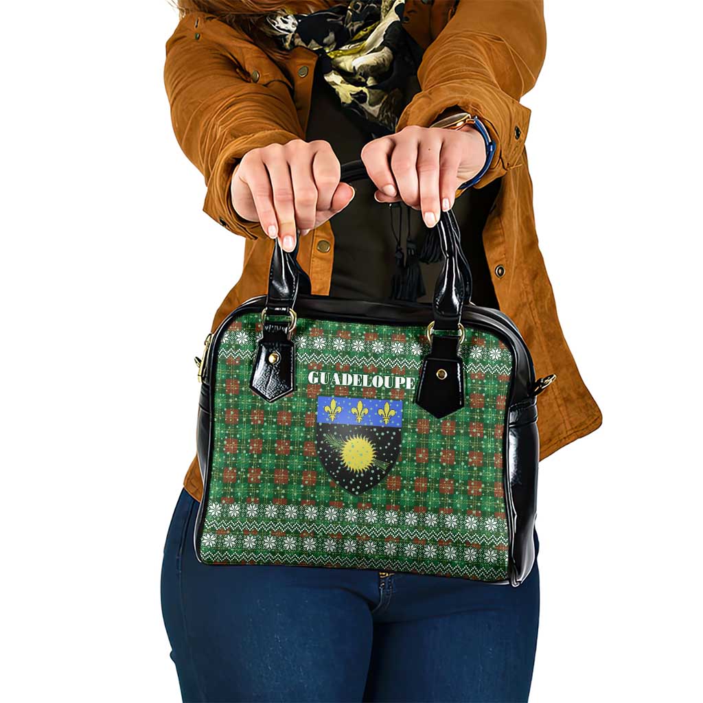 Guadeloupe Christmas Shoulder Handbag with Green-Red Plaid Design, Sun and Sugarcane Emblem, and Santa Sleigh Motif - Wonder Print Shop