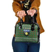 Guadeloupe Christmas Shoulder Handbag with Green-Red Plaid Design, Sun and Sugarcane Emblem, and Santa Sleigh Motif - Wonder Print Shop